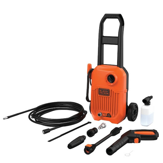 BLACK+DECKER BEPW1300L pressure washer with orange and black body, hose, spray gun, and accessories, front angle.