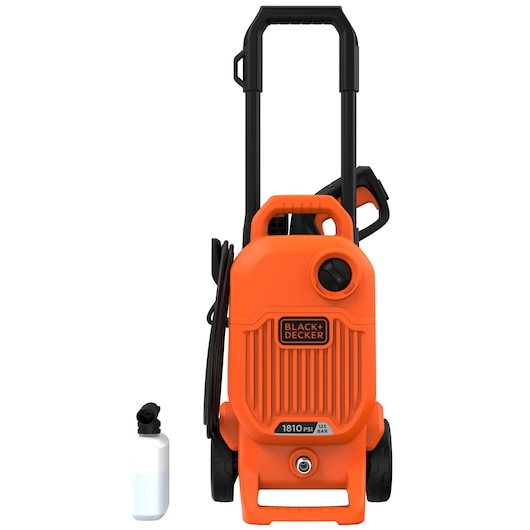 A BLACK+DECKER orange and black pressure washer with a handle, hose, wheels, and an attached detergent bottle, seen from the front.