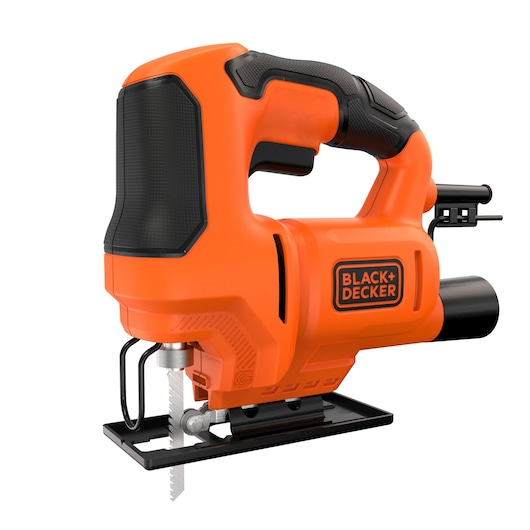 BLACK+DECKER orange and black jigsaw power tool with ergonomic handle and visible blade, suitable for cutting wood or other materials.