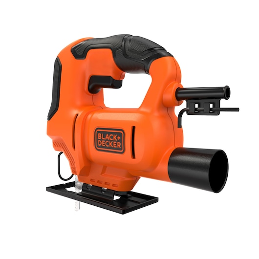 A BLACK+DECKER electric jigsaw in orange and black, featuring a handle with a soft grip, a blade, and a dust extraction port. The tool is designed for precise cutting tasks.