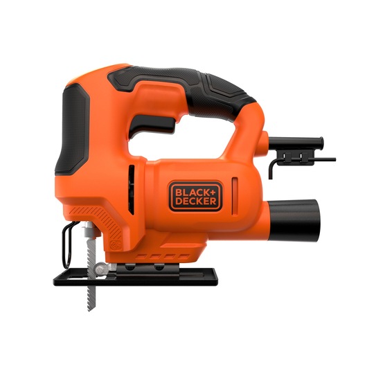 An orange and black BLACK+DECKER electric jigsaw with ergonomic handle, visible blade, and dust extraction port.
