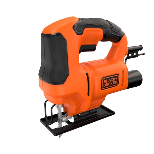 A BLACK+DECKER electric jigsaw with a bright orange and black body, featuring a comfortable handle and a visible blade. The tool is designed for precise cutting in various materials.