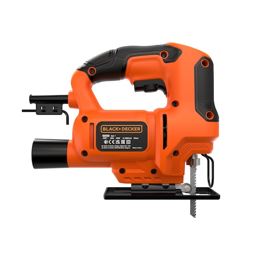 BLACK+DECKER BES603 orange and black jigsaw side view with visible blade and ergonomic handle on white background.