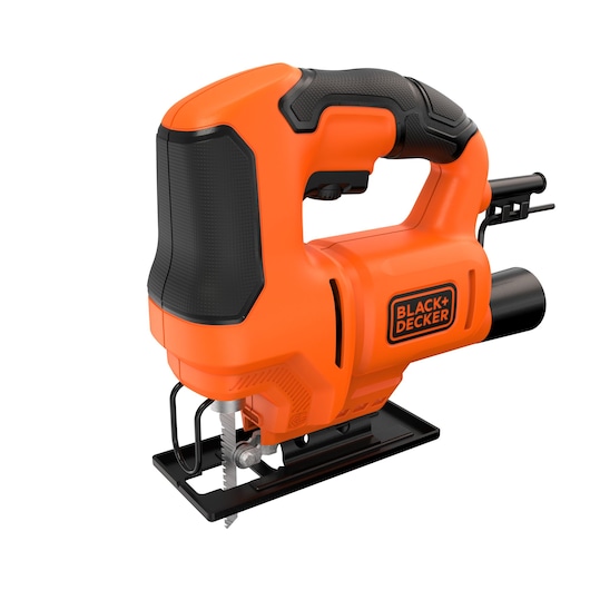 Photo of BLACK+DECKER BES603 jigsaw, orange and black, front angle, with ergonomic handle and visible saw blade.