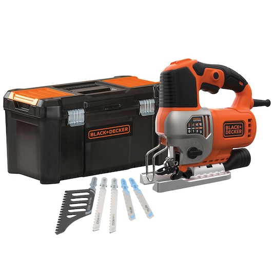 BLACK+DECKER BES610KA5-QS jigsaw kit with black and orange toolbox, multiple saw blades, front angle.
