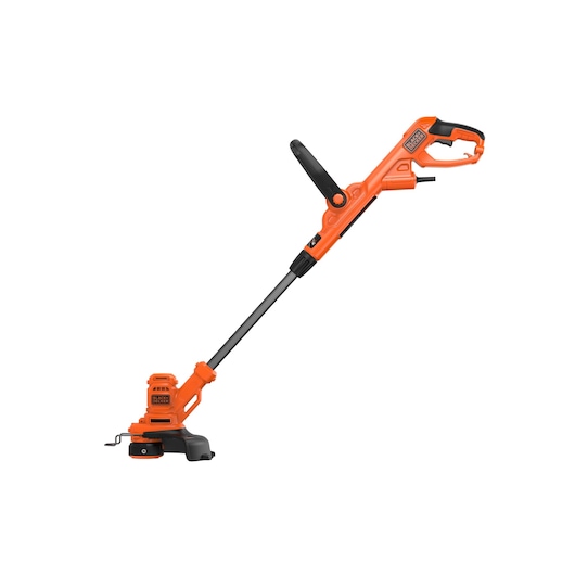 An orange and black BLACK+DECKER electric grass trimmer with an adjustable shaft and handle, designed for lawn and garden maintenance.