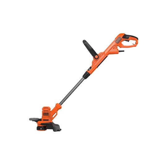 An orange and black BLACK+DECKER electric grass trimmer with a telescopic handle and adjustable auxiliary grip, shown on a white background.