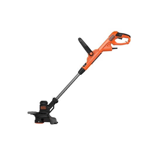 An orange and black BLACK+DECKER electric grass trimmer with an adjustable handle, shown on a white background.