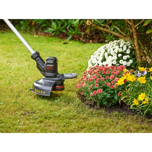 BLACKDECKER grass trimmer BESTE628 next to flower bed on lawn, garden photography.