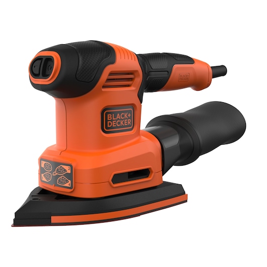 A BLACK+DECKER BEW200 electric sander with an ergonomic handle, dust collection attachment, and triangular sanding base. The tool is orange and black and branded with the BLACK+DECKER logo.