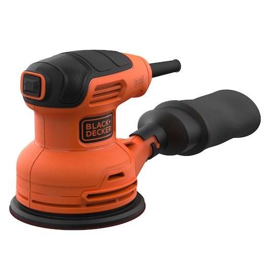 A BLACK+DECKER branded orange and black random orbital sander with a dust collection bag, shown against a white background.