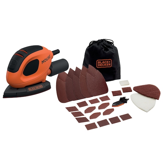 BLACK+DECKER Mouse sander set with multiple sanding pads, accessories, and a black storage bag, all displayed on a white background.