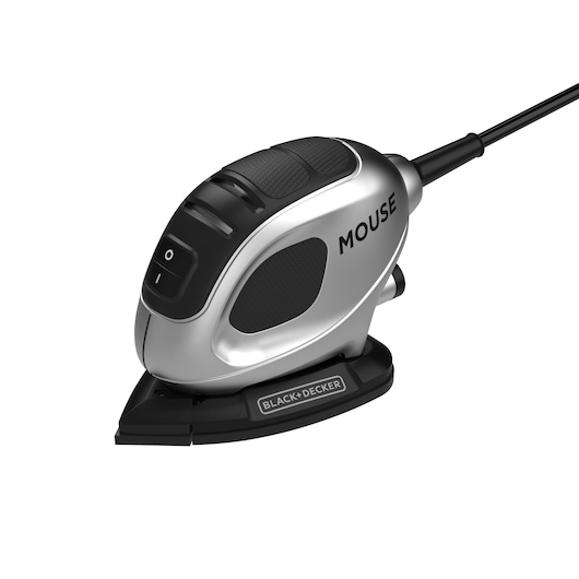 A close-up image of a BLACK+DECKER electric mouse sander with a silver and black design, a visible power switch, and a cord attached.