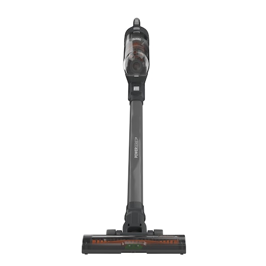 Front view of a BLACK+DECKER cordless stick vacuum cleaner with a transparent dust bin, long handle, and wide brush head.