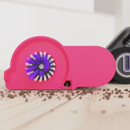 BLACKDECKER BHFEA640WG vacuum accessory with pink casing and spinning purple-white brush, close-up on hard floor.