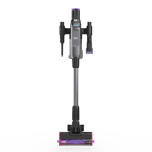 BLACK+DECKER BHFEA640WG cordless stick vacuum cleaner, front angle, grey and black with purple accents, photography on white background.