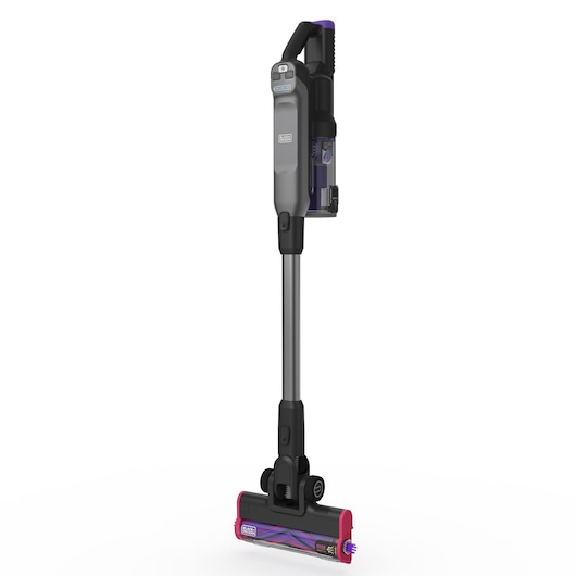 BLACK+DECKER BHFEA640WP cordless stick vacuum cleaner, upright front angle, black and purple with pink roller brush.