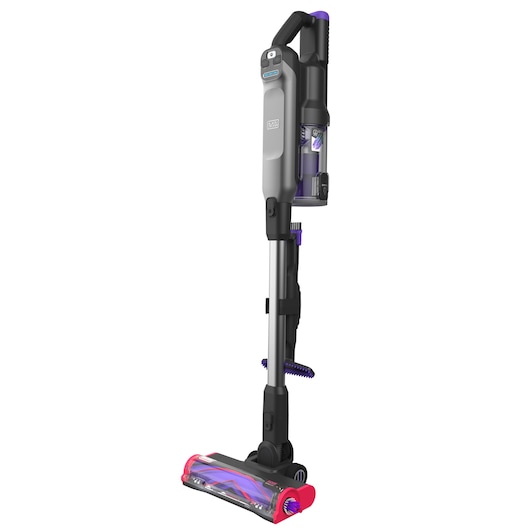 BLACKDECKER BHFEA640WP cordless stick vacuum cleaner, grey and black with purple and pink accents, front angle on white.