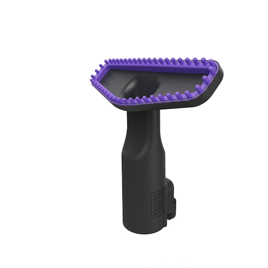 BLACKDECKER BHFEA640WP vacuum pet brush attachment, black with purple bristles, front angle on white background.