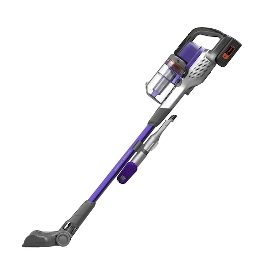 A BLACK+DECKER cordless stick vacuum cleaner with a purple and grey design, featuring a detachable handheld unit and multiple cleaning attachments.