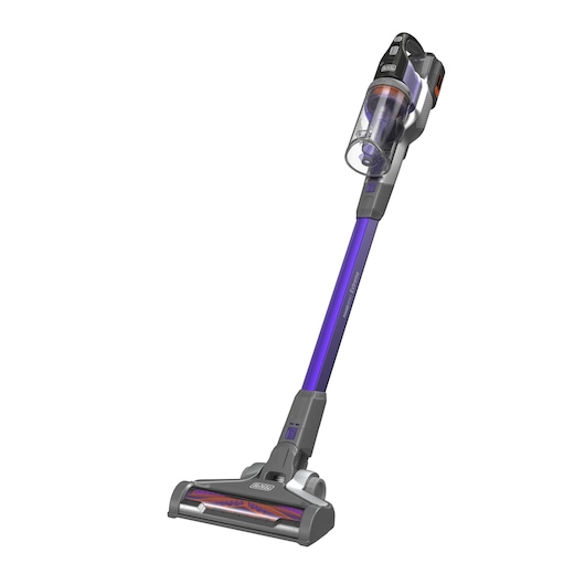 A cordless stick vacuum cleaner with a transparent dust container, purple extension tube, and a wide cleaning head. The unit is branded BLACK+DECKER.
