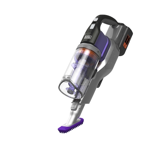 A BLACK+DECKER cordless handheld vacuum cleaner with a transparent dust chamber and purple accents, designed for efficient cleaning.