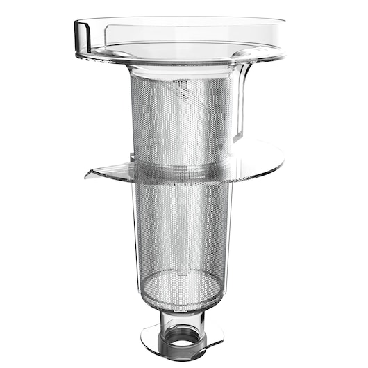 BLACKDECKER BHFEV362D vacuum cleaner mesh filter accessory, transparent and cylindrical, front angle, white background.