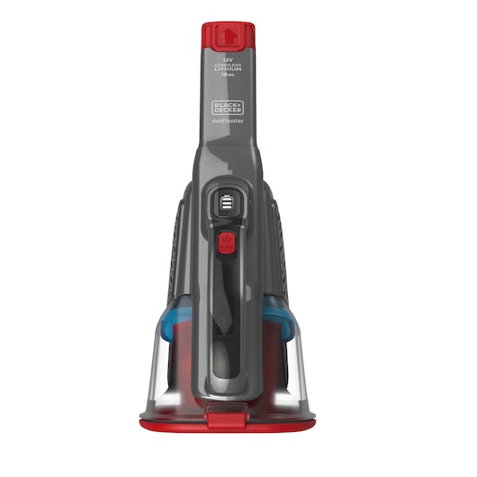 A BLACK+DECKER handheld cordless vacuum cleaner, model BHHV315J, featuring a gray and red design with controls on the front.