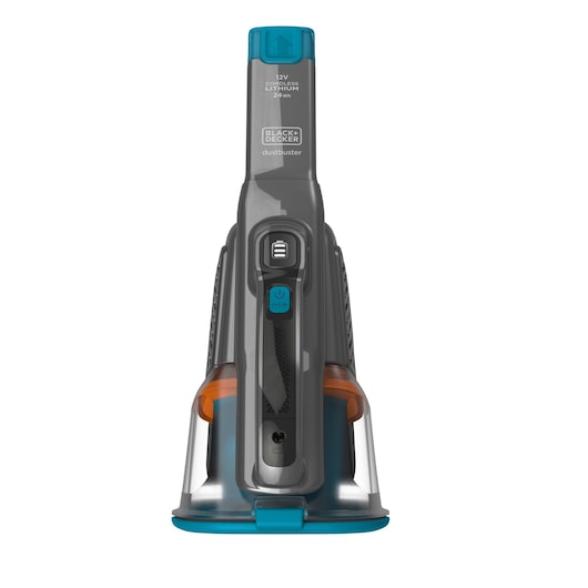 Front view of a BLACK+DECKER cordless hand vacuum, model BHHV320J, featuring a grey and blue design with orange accents. The vacuum is upright with visible power and battery indicator buttons.