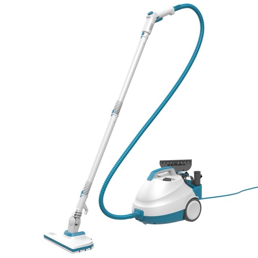 A white and blue canister steam cleaner with a long flexible hose and extension wand, designed for cleaning floors and surfaces.