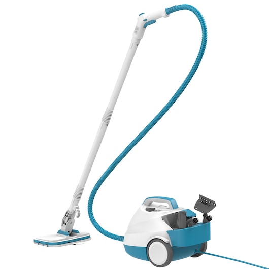A BLACK+DECKER steam cleaner with a blue and white body, long handle, flexible blue hose, and cleaning attachments stored in the base.