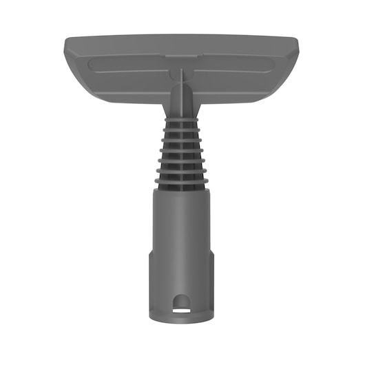 A gray plastic vacuum cleaner attachment with a wide flat nozzle and ribbed neck, shown on a white background.