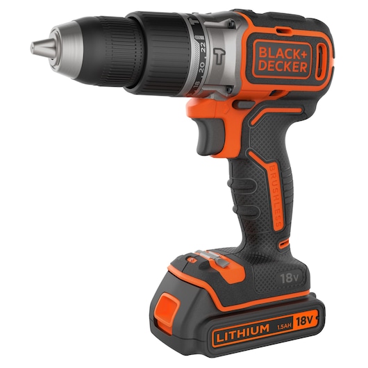 A BLACK+DECKER cordless drill with a brushless motor, 18V lithium-ion battery, and ergonomic black and orange design.
