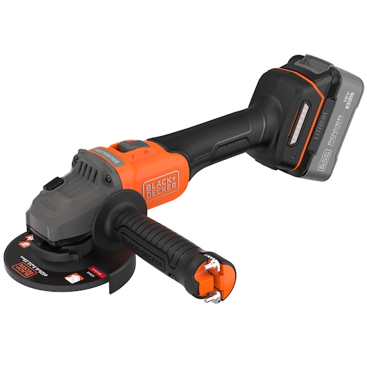 A BLACK+DECKER cordless angle grinder with a lithium battery, featuring an ergonomic handle and orange and black design.