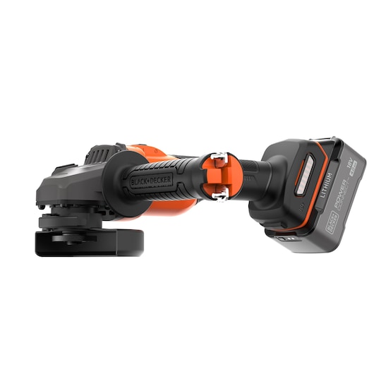 A BLACK+DECKER cordless power tool, shown from the side. The tool has an orange and black design and features a lithium battery attached to the handle.