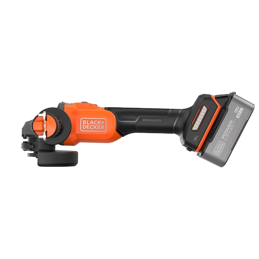 A BLACK+DECKER cordless angle grinder with an orange and black design, featuring an 18V PowerConnect battery and a brushless motor.
