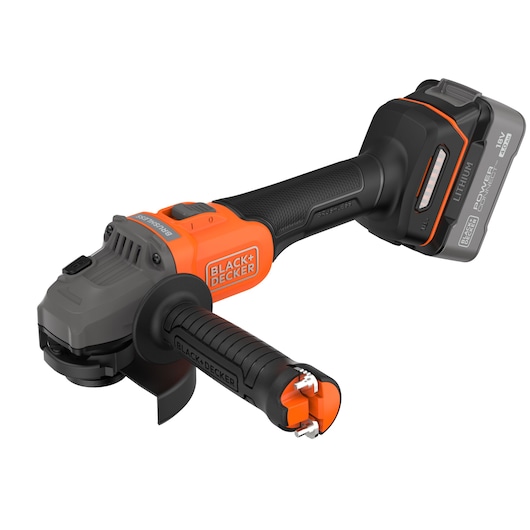 A BLACK+DECKER cordless angle grinder with an 18V lithium battery and ergonomic handles, shown on a white background.