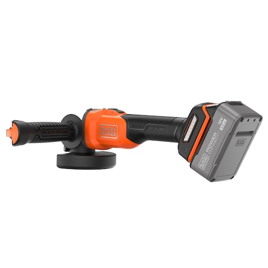 Cordless BLACK+DECKER angle grinder with an orange and black design, featuring a brushless motor and a detachable 18V lithium-ion battery.