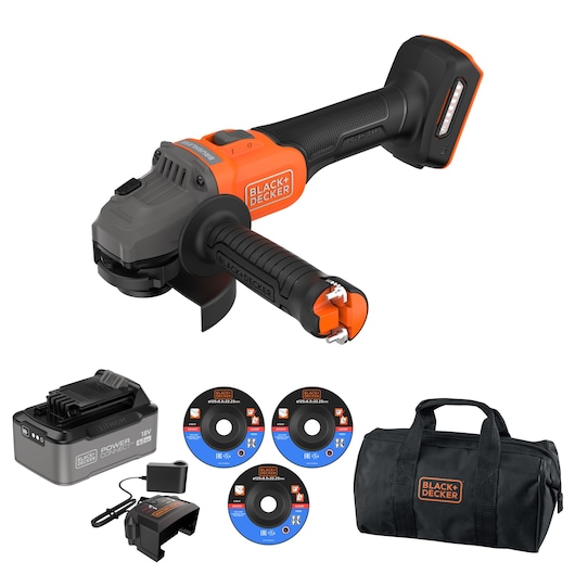 BLACK+DECKER BLCG78M1 cordless angle grinder kit with three discs, charger, and black carrying bag, front angle.
