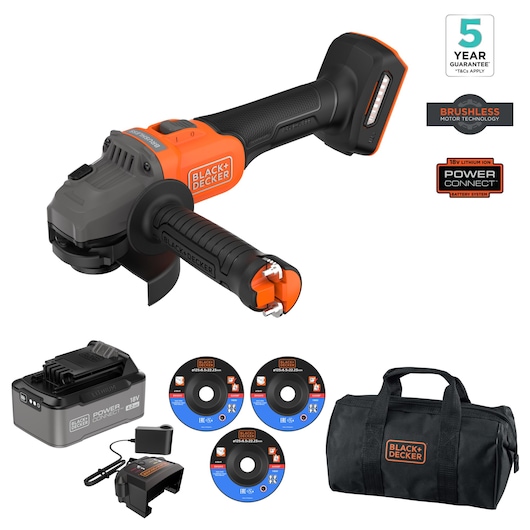 BLACK+DECKER cordless grinder set with battery, charger, discs, bag, and guarantee and brushless motor icons.