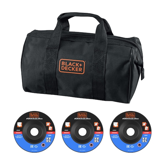 BLACK+DECKER black tool bag with three cutting discs placed in front, shown on a white background.