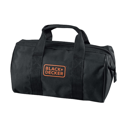 Black+Decker black tool bag with handles and zipper, logo in orange on the front, photographed on a white background.