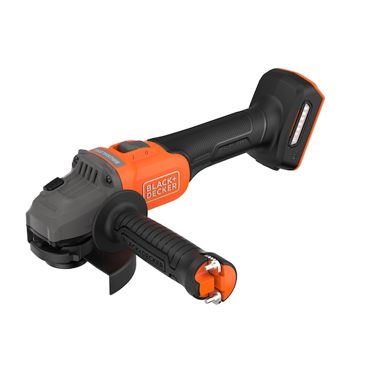 A BLACK+DECKER cordless angle grinder with a brushless motor, orange and black in color, featuring a detachable handle and battery pack.