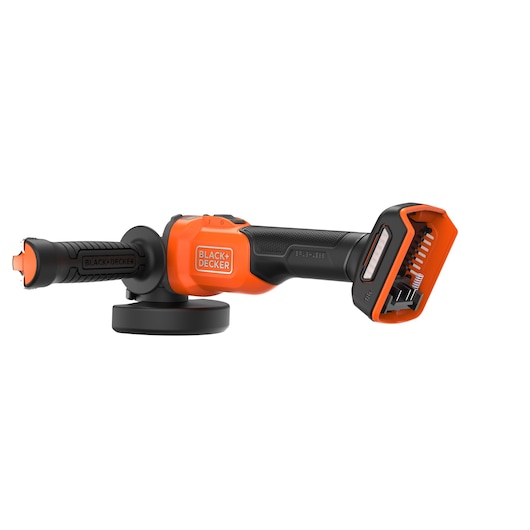 A BLACK+DECKER cordless angle grinder with a brushless motor, featuring an orange and black ergonomic design and a detachable handle.