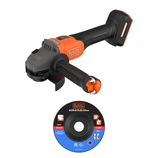 BLACK+DECKER cordless angle grinder with grinding disc, shown separately. Tool is black and orange.