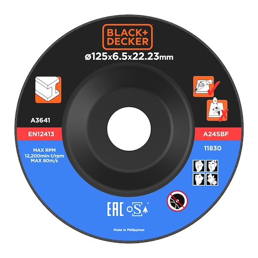 Black+Decker grinding wheel, 125x6.5x22.23mm, safety icons, model numbers, and product info on label.