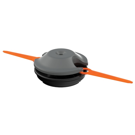 A BLACK+DECKER replacement spool head for a garden trimmer, featuring a round gray and black base with two orange plastic cutting blades extended outward.