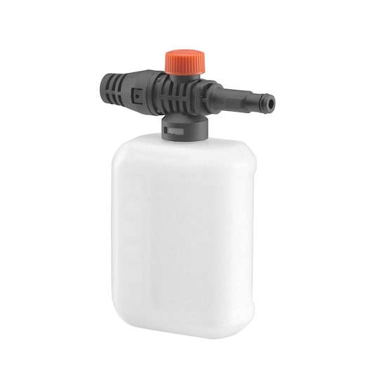 A BLACK+DECKER foam bottle attachment with a black nozzle and orange cap, designed for use with pressure washers.