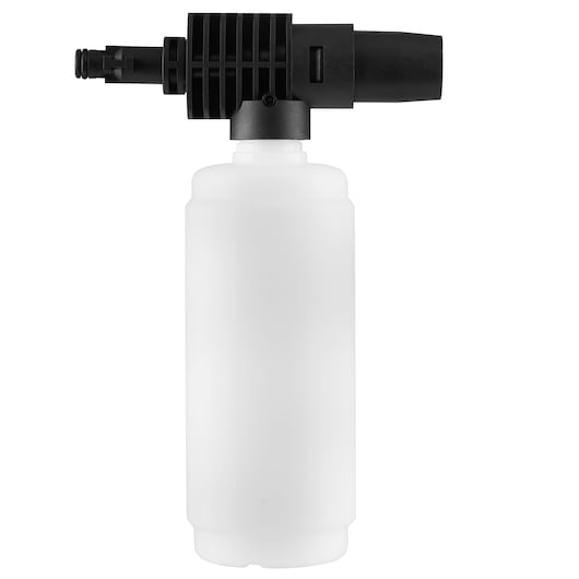 A BLACK+DECKER foam spray bottle accessory for pressure washers, featuring a large white bottle with a black connector and nozzle attachment.