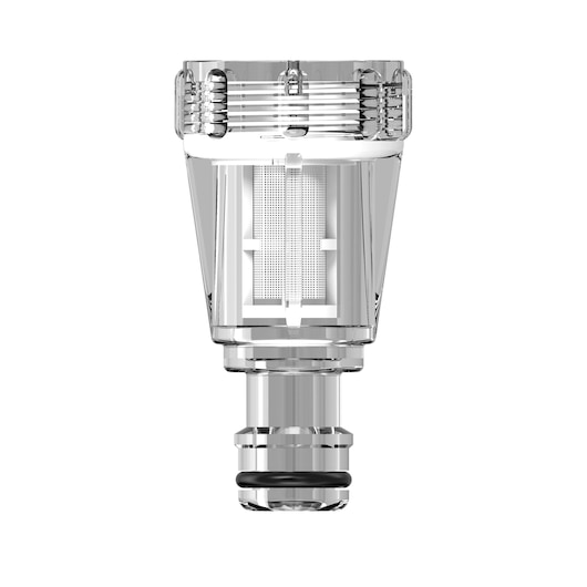 Close-up image of a transparent water filter attachment with a cylindrical design, featuring a visible internal mesh filter. The attachment has a connector at the bottom, likely for connecting to a hose or similar device.